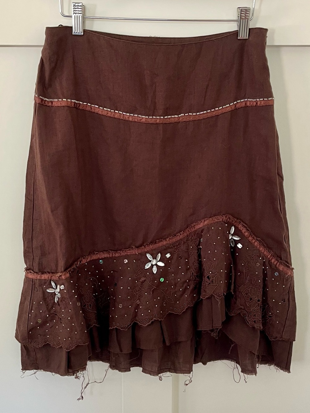 Vintage 90’s/Y2K Morgan de Toi Brown Tiered Embroidered A-Line Skirt
